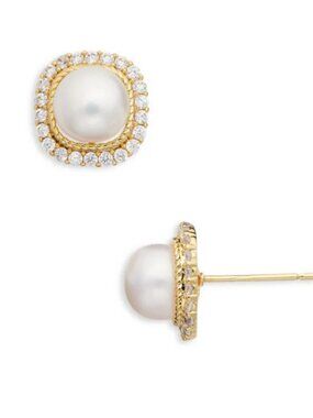 Aqua Imitation Pearl Pave Stud Earrings - Exclusive